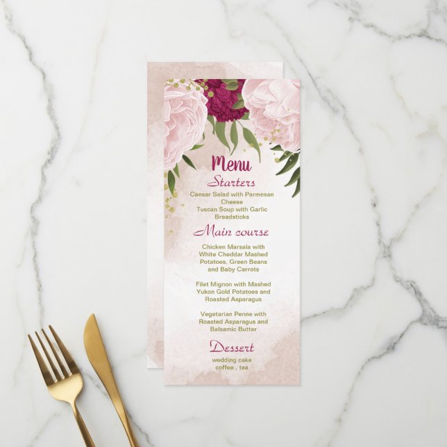 magenta pink flowers green leaves wedding menu (Front/Back In Situ)