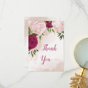 magenta pink flowers green leaves wedding thank you card