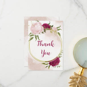 magenta pink flowers green leaves wedding thank you card
