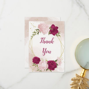 magenta pink flowers green leaves wedding thank you card