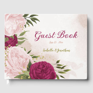 magenta pink flowers greenery guest book