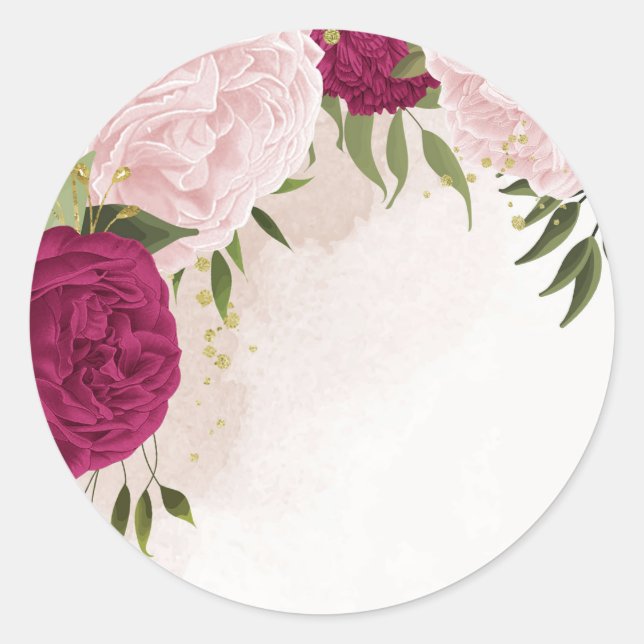 magenta pink flowers greenery wedding classic round sticker (Front)