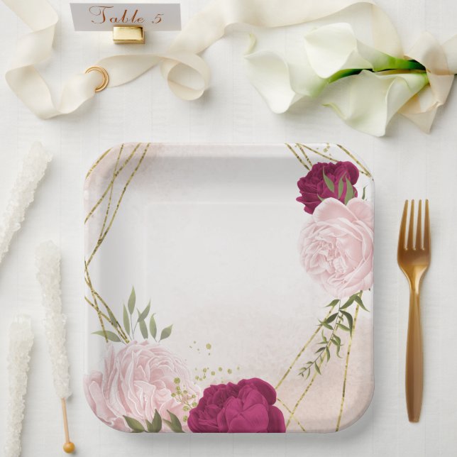 magenta pink flowers greenery wedding paper plate (Wedding)