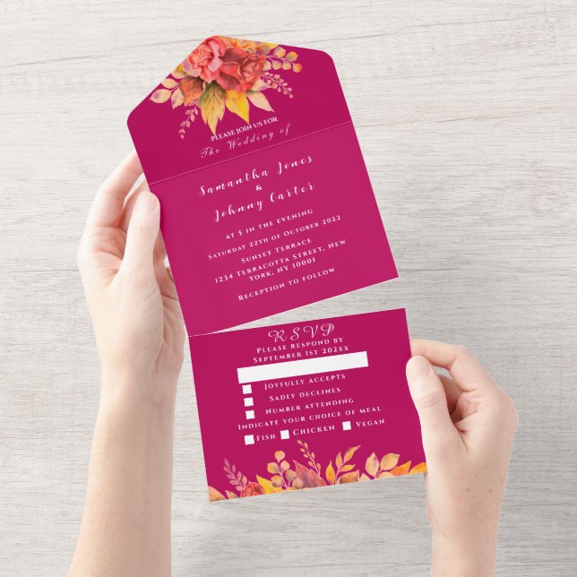 Magenta Pink Fuchsia Fall Floral Elegant Wedding All In One Invitation (Tearaway)