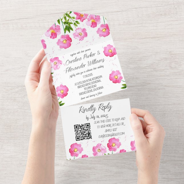 Magenta Pink Fuchsia Modern Bold Elegant Floral All In One Invitation (Tearaway)