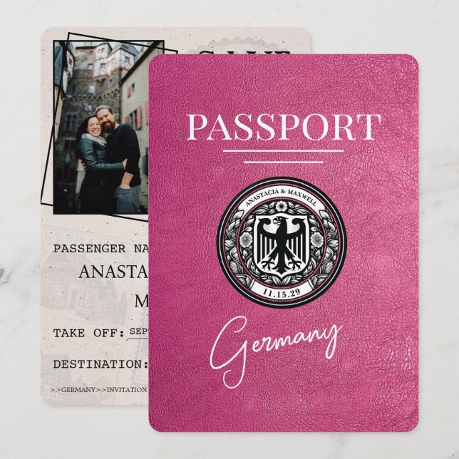 Magenta Pink Germany Passport Save The Date (Front/Back)