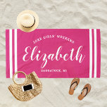 Magenta Pink Girls Weekend Personalized Name Beach Towel<br><div class="desc">Personalized beach towel design for a girls' weekend vacation getaway features a custom first name in modern script writing framed by coastal stripes,  with custom text for the occasion. The magenta pink background colour can be modified. Please visit our shop for other colour options.</div>
