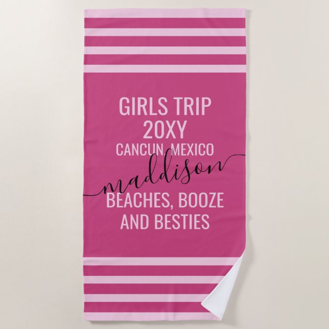 Magenta Pink Girls Weekend Trip Besties Name Beach Towel (Front)
