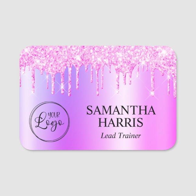 Magenta Pink Glitter Drips Miami Shimmer Name Tag (Front)