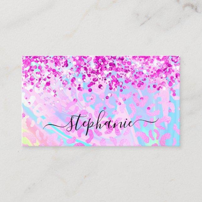 Magenta Pink Glitter Iridescent Leopard Business Card (Front)