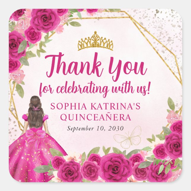 Magenta Pink Gold Floral Princess Crown Thank You Square Sticker (Front)