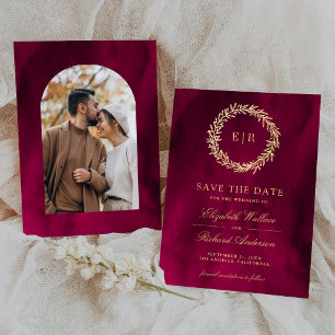 Magenta Pink Gold Leaf Branch Wedding Photo Save The Date