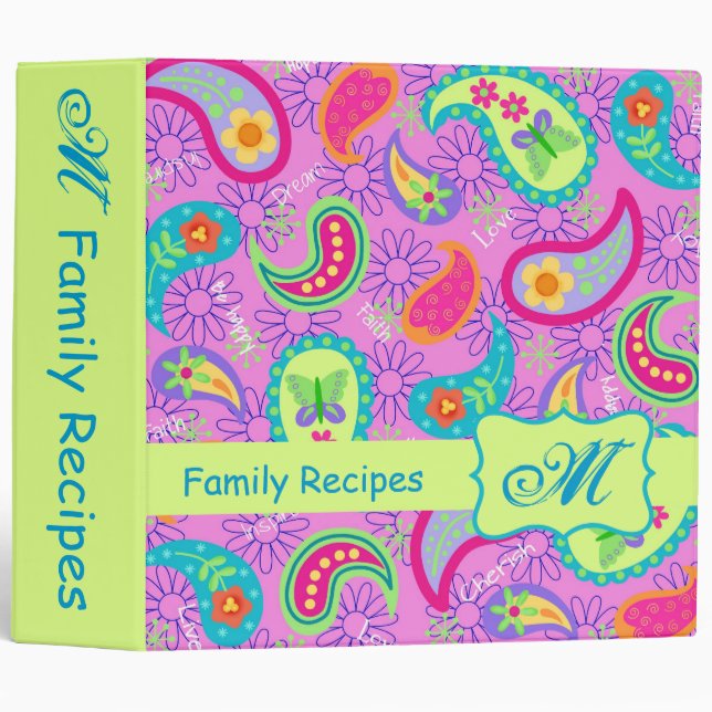 Magenta Pink Green Modern Paisley Pattern Monogram Binder (Front/Spine)