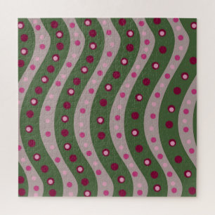 Magenta Pink Green Springtime Polka Dot Patterned Jigsaw Puzzle