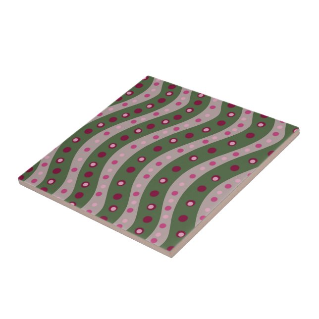 Magenta Pink Green Springtime Polka Dot Patterned  Tile (Side)
