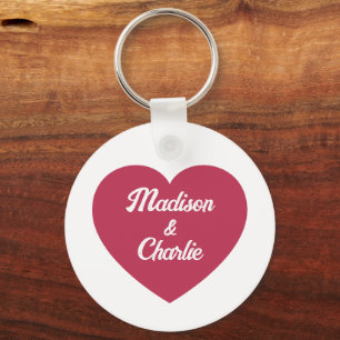 Magenta pink Heart couple names Valentines day Keychain