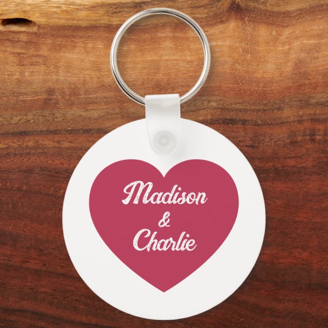 Magenta pink Heart couple names Valentines day Keychain (Front)
