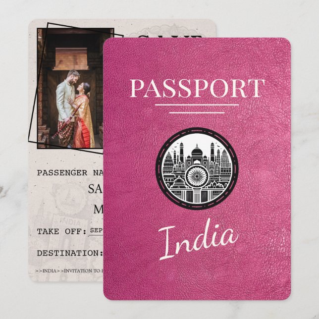 Magenta Pink India Passport Save The Date (Front/Back)