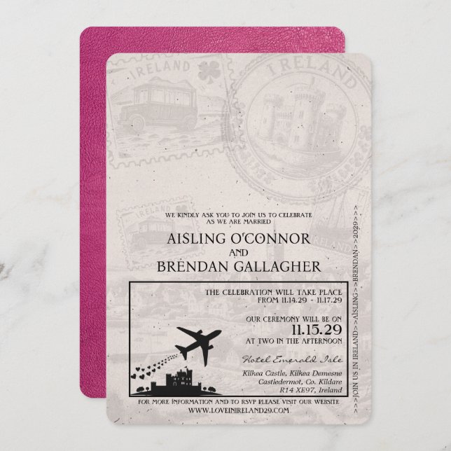 Magenta Pink Ireland Passport Wedding Invitation (Front/Back)