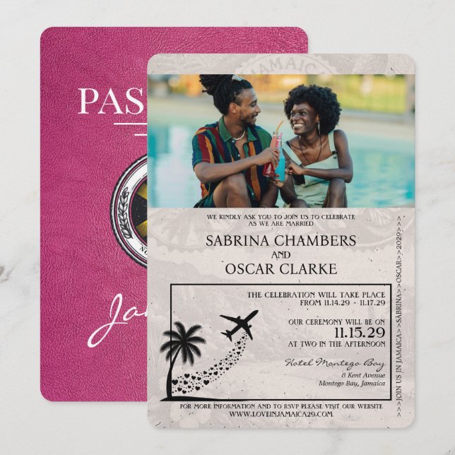 Magenta Pink Jamaica Passport Wedding Invitation (Front/Back)