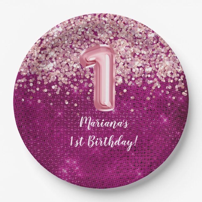 Magenta Pink Kids Girl 1st Birthday Party Paper Plate (Front)