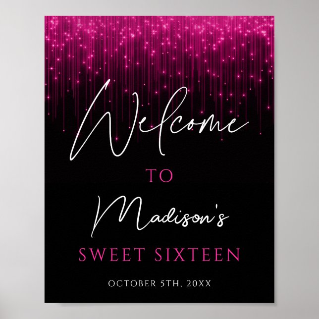 Magenta Pink Lights Black Sweet 16 Welcome Poster (Front)