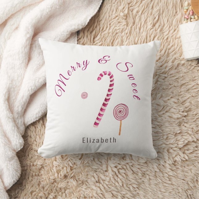 Magenta pink Merry & sweet candy cane Throw Pillow (Blanket)