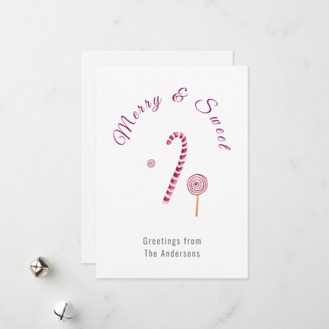 Magenta pink Merry & sweet candy cane watercolor Holiday Card (Front/Back In Situ)