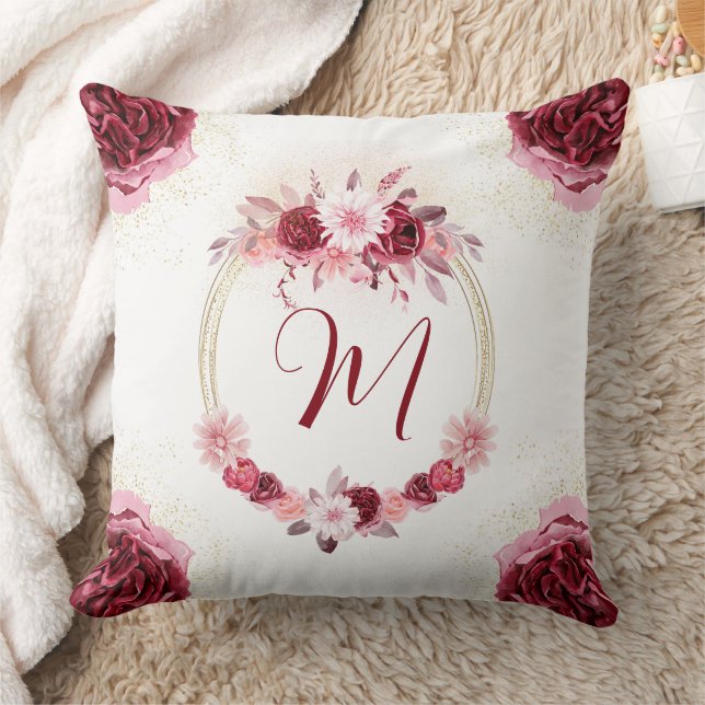  Magenta Pink Monogram Watercolor Floral Wreath  Throw Pillow (Blanket)