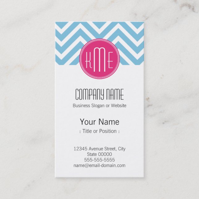 Magenta Pink Monogram with Light Blue Chevron Business Card (Front)