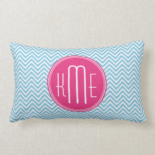 Magenta Pink Monogram with Light Blue Chevron Lumbar Pillow