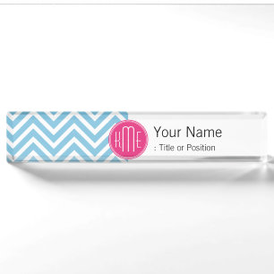 Magenta Pink Monogram with Light Blue Chevron Nameplate
