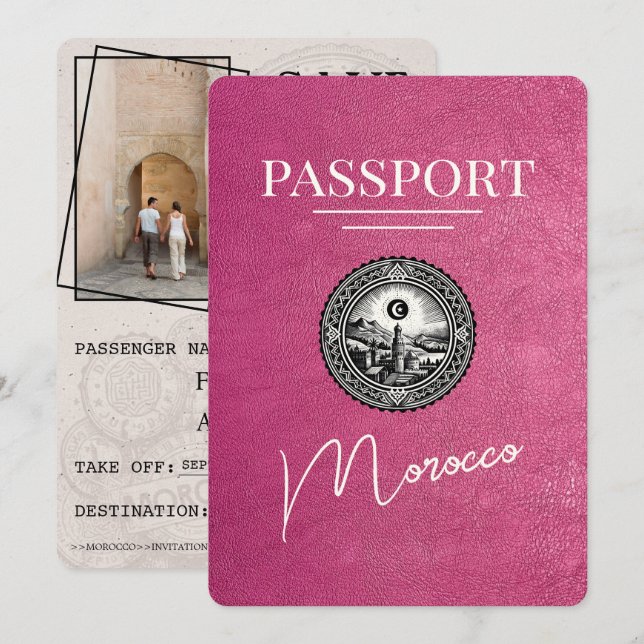 Magenta Pink Morocco Passport Save The Date (Front/Back)