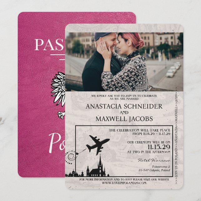 Magenta Pink Poland Passport Wedding Invitation (Front/Back)