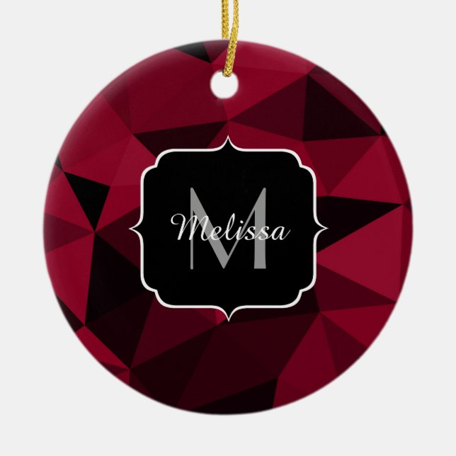 Magenta pink red black geometry pattern Monogram Ceramic Ornament (Front)