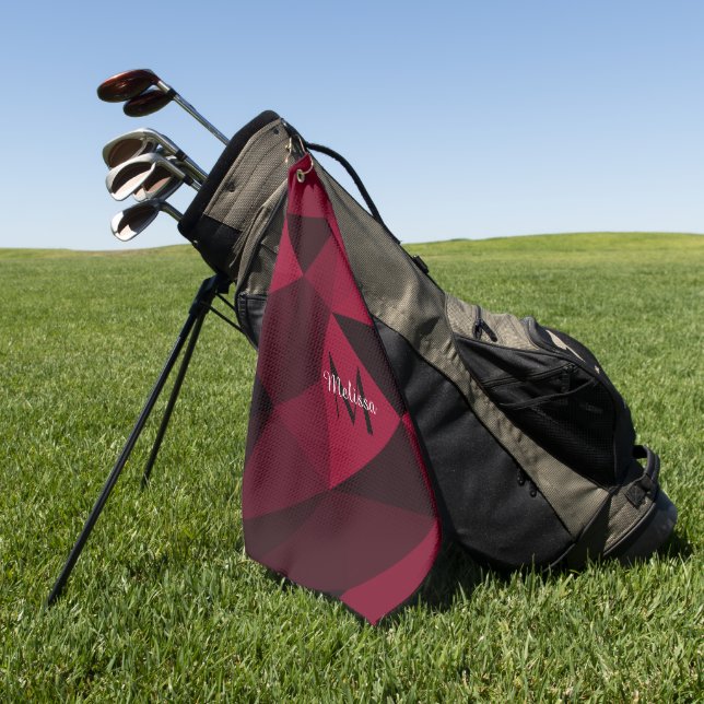 Magenta pink red black geometry pattern Monogram Golf Towel (Green)