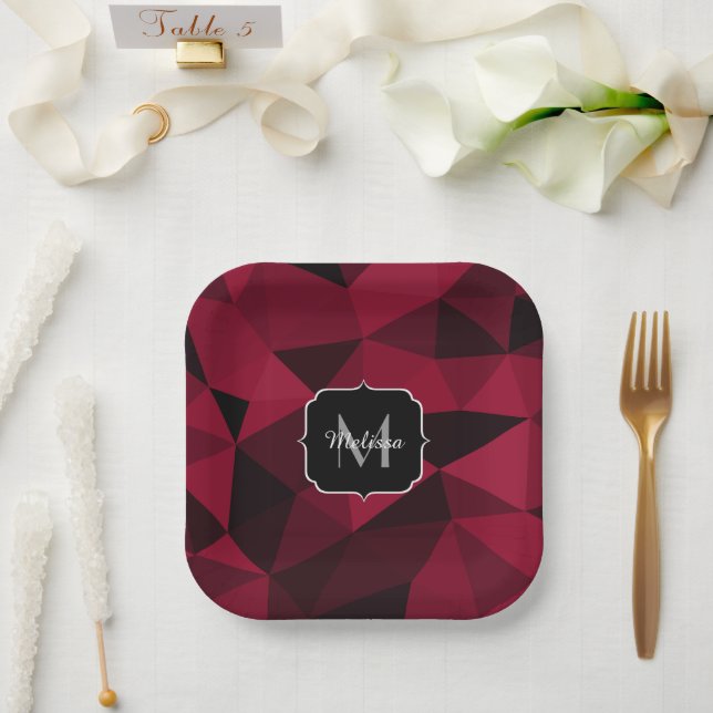 Magenta pink red black geometry pattern Monogram Paper Plate (Wedding)