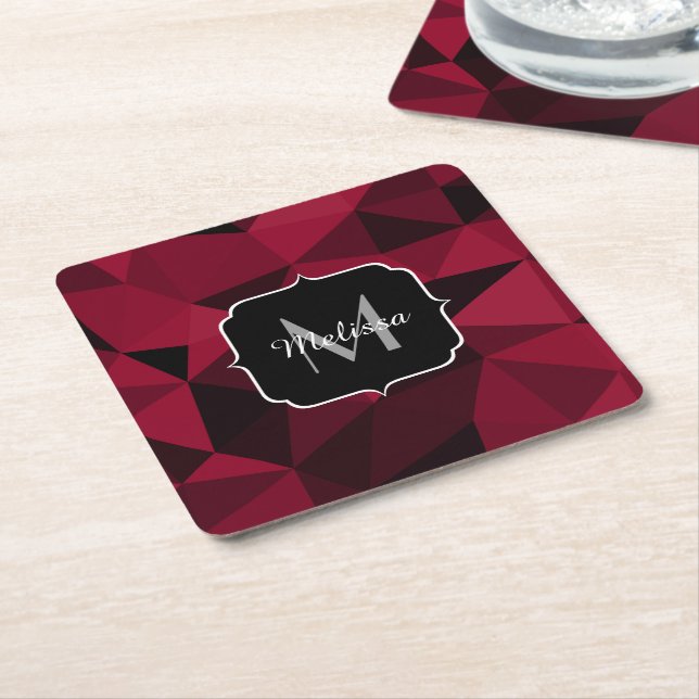 Magenta pink red black geometry pattern Monogram Square Paper Coaster (Angled)