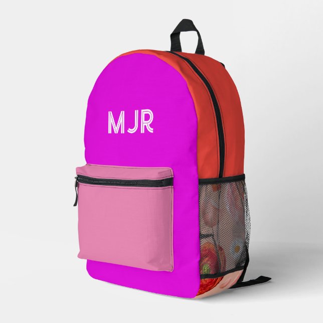 Magenta Pink Red Colour Block Floral Monogram Printed Backpack (Back Corner Right)