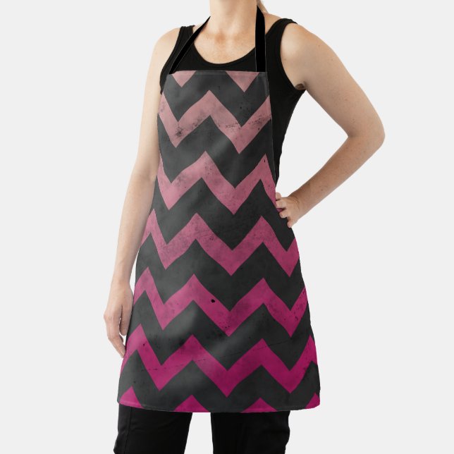 Magenta pink red ombre dark grey chevron pattern apron (Insitu)