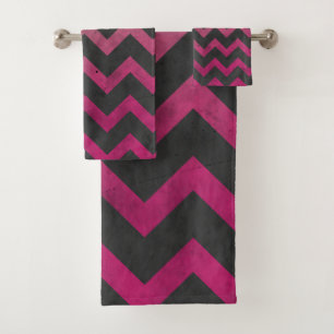 Magenta pink red ombre dark grey chevron pattern bath towel set