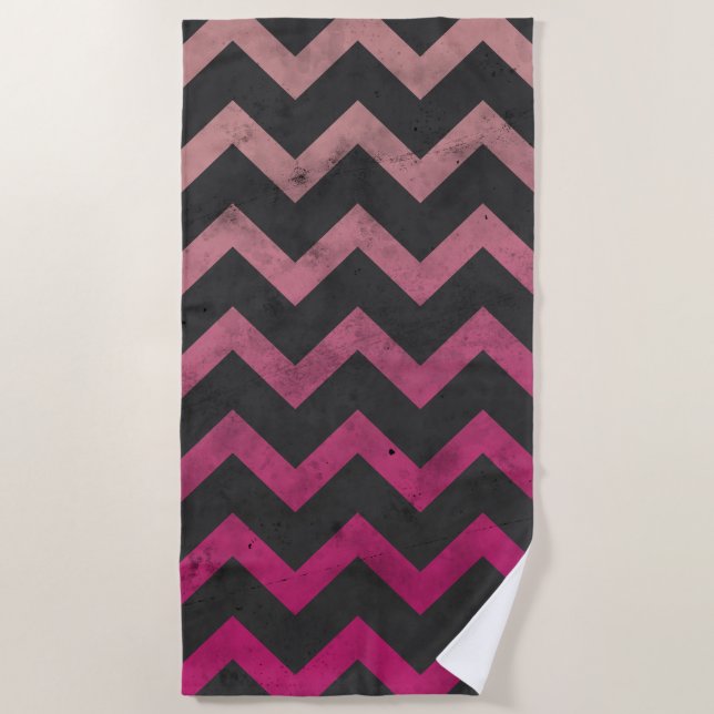 Magenta pink red ombre dark grey chevron pattern beach towel (Front)