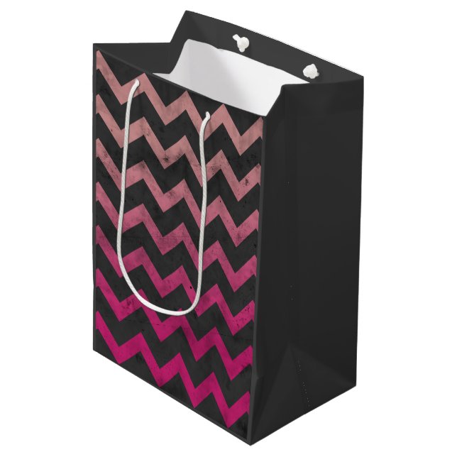 Magenta pink red ombre dark grey chevron pattern medium gift bag (Front Angled)