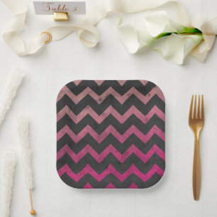 Magenta pink red ombre dark grey chevron pattern paper plate