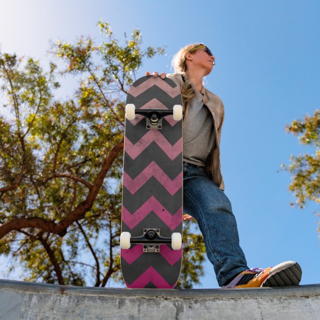 Magenta pink red ombre dark grey chevron pattern skateboard (Outdoor 1)