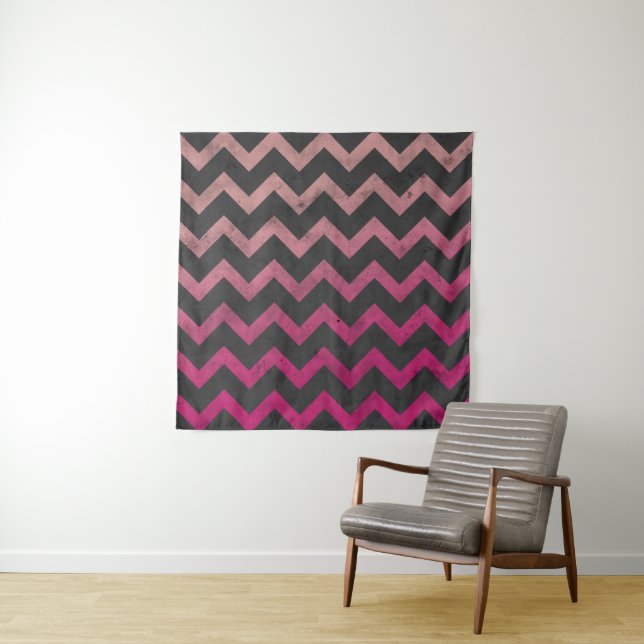 Magenta pink red ombre dark grey chevron pattern tapestry (In Situ)