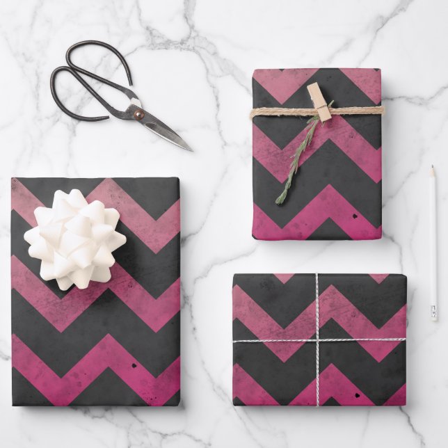 Magenta pink red ombre dark grey chevron pattern wrapping paper sheet (Front)