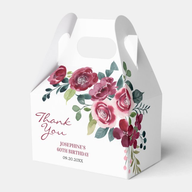 Magenta Pink Rose Floral Greenery Birthday Favor Box (Front Side)