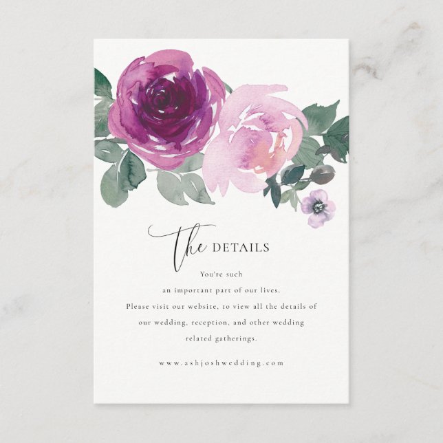 Magenta Pink Rose Flowers Ivory Wedding Details Enclosure Card (Front)