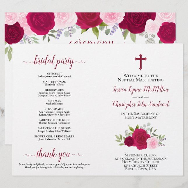 Magenta & Pink Roses Catholic Wedding Program (Front/Back)